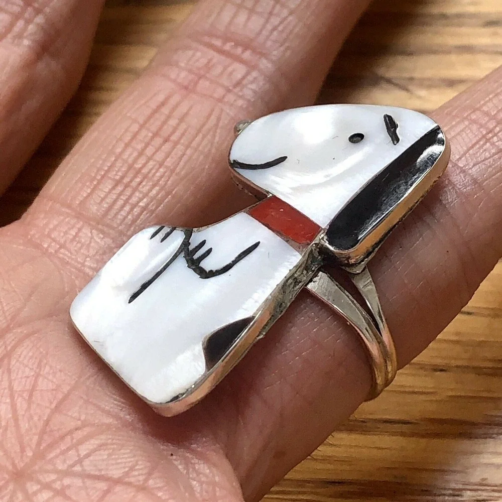 BIG Zuni Snoopy Ring Red Collar Sz 6.5 Inlay 925 Signed Comosona Peanuts Turquoi